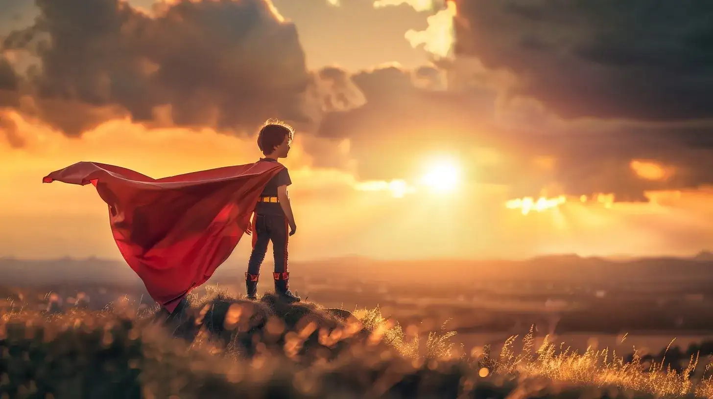 Child in superhero cape standing heroically at golden sunset